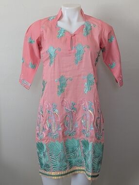 Women's Pink Teal Embroidered Kurta Top Indian South Asian Bollywood